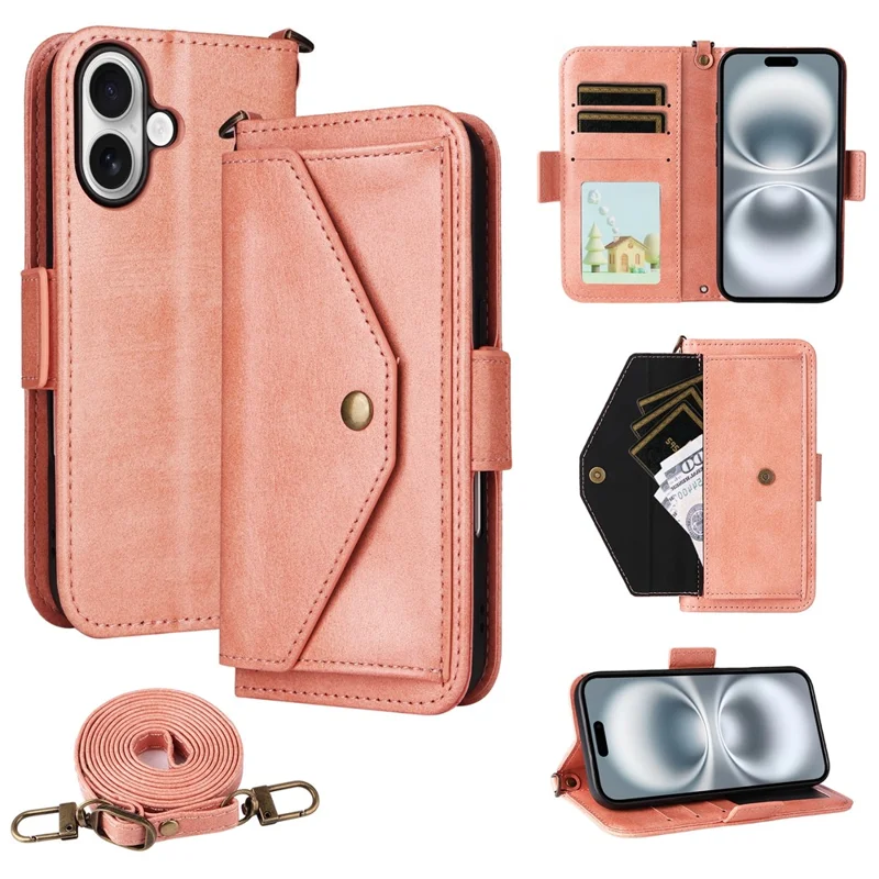 For iPhone 16 Plus Leather Case Magnetic Closure Wallet Stand Phone Cover with Crossbody Strap - Black-Cellmalls