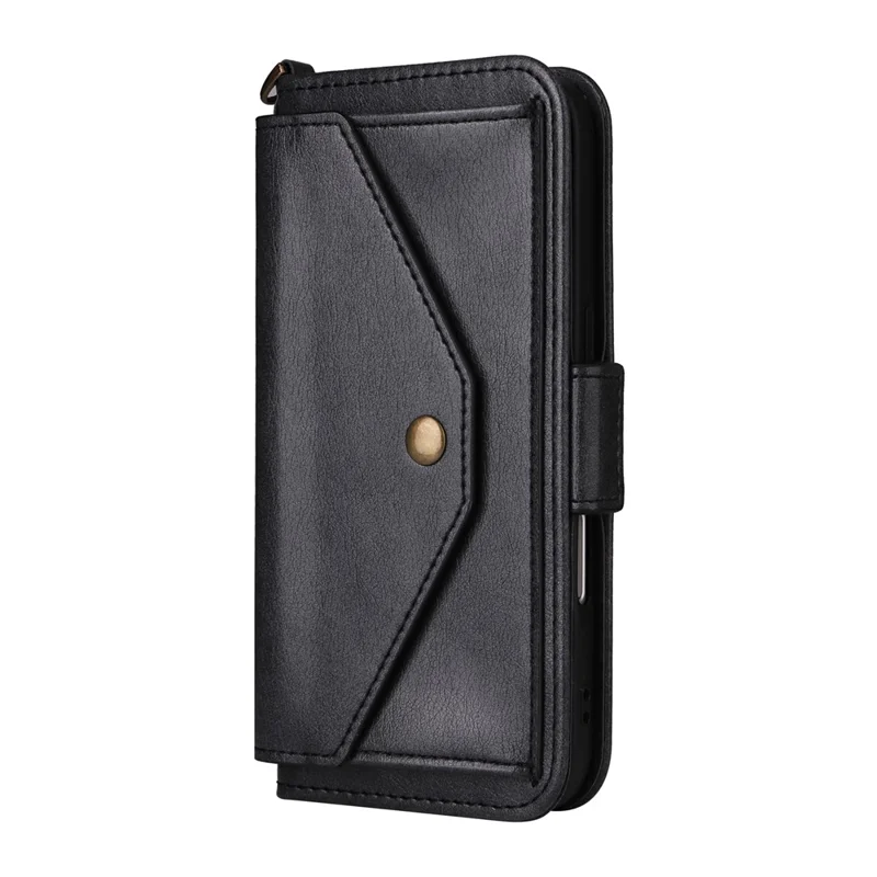For iPhone 16 Plus Leather Case Magnetic Closure Wallet Stand Phone Cover with Crossbody Strap - Black-Cellmalls