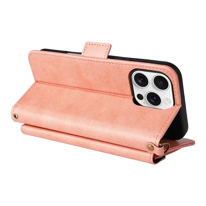 For iPhone 16 Pro Leather Case Magnetic Closure Wallet Stand Phone Cover with Crossbody Strap - Pink-Cellmalls