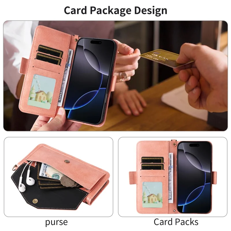 For iPhone 16 Leather Case Magnetic Closure Wallet Stand Phone Cover with Crossbody Strap - Pink-Cellmalls