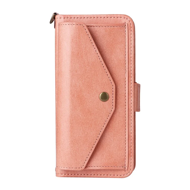 For iPhone 16 Pro Leather Case Magnetic Closure Wallet Stand Phone Cover with Crossbody Strap - Pink-Cellmalls