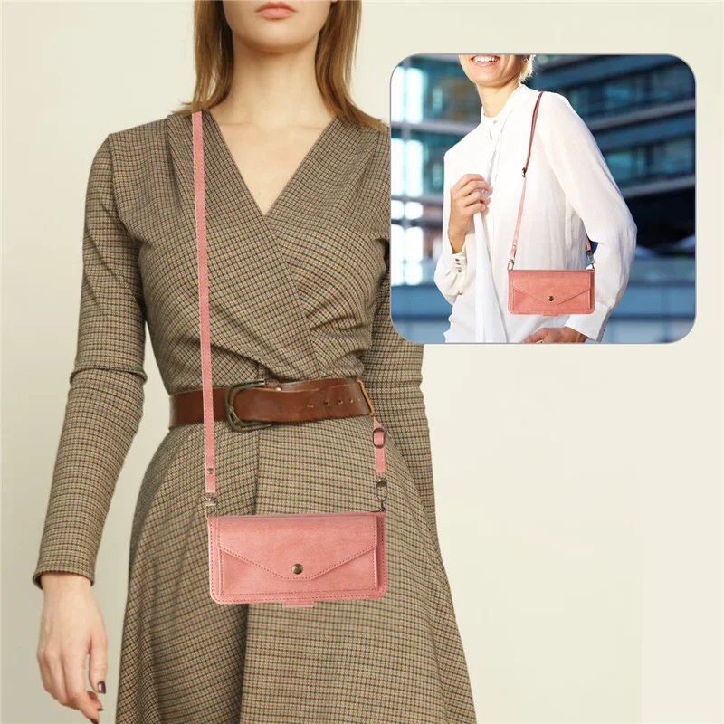 For iPhone 16 Leather Case Magnetic Closure Wallet Stand Phone Cover with Crossbody Strap - Pink-Cellmalls