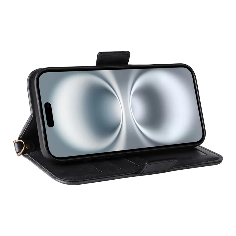 For iPhone 16 Plus Leather Case Magnetic Closure Wallet Stand Phone Cover with Crossbody Strap - Black-Cellmalls