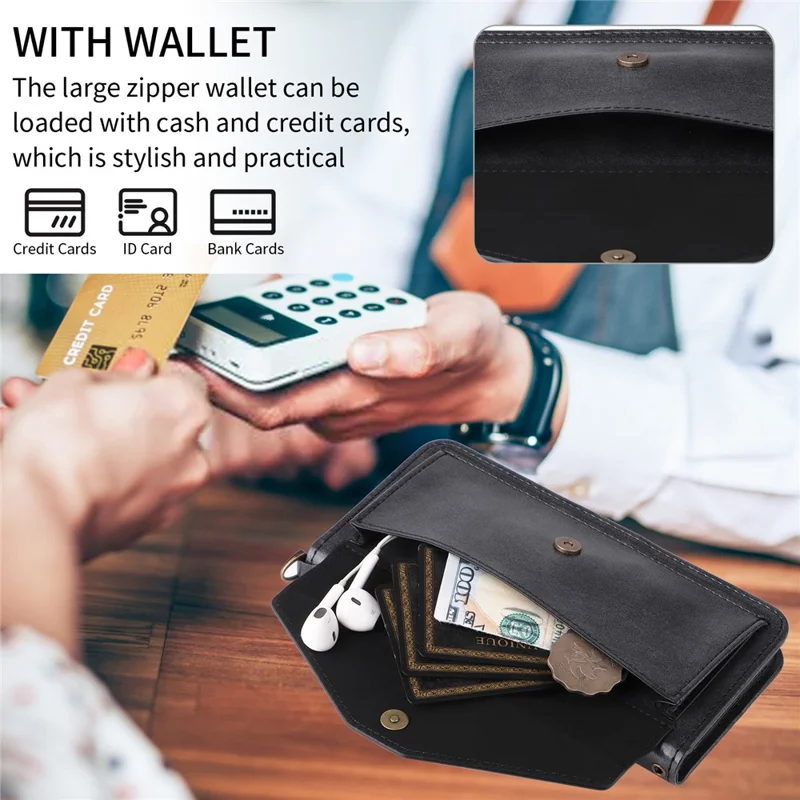 For iPhone 16 Plus Leather Case Magnetic Closure Wallet Stand Phone Cover with Crossbody Strap - Black-Cellmalls