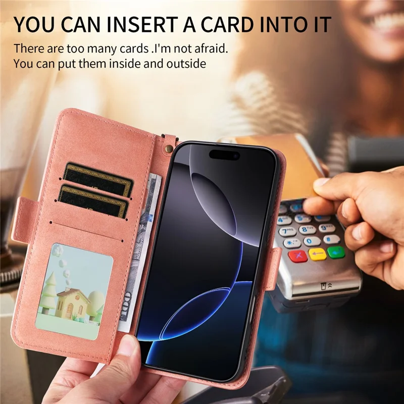 For iPhone 16 Leather Case Magnetic Closure Wallet Stand Phone Cover with Crossbody Strap - Pink-Cellmalls