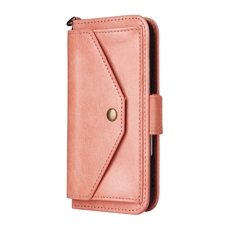 For iPhone 16 Leather Case Magnetic Closure Wallet Stand Phone Cover with Crossbody Strap - Pink-Cellmalls