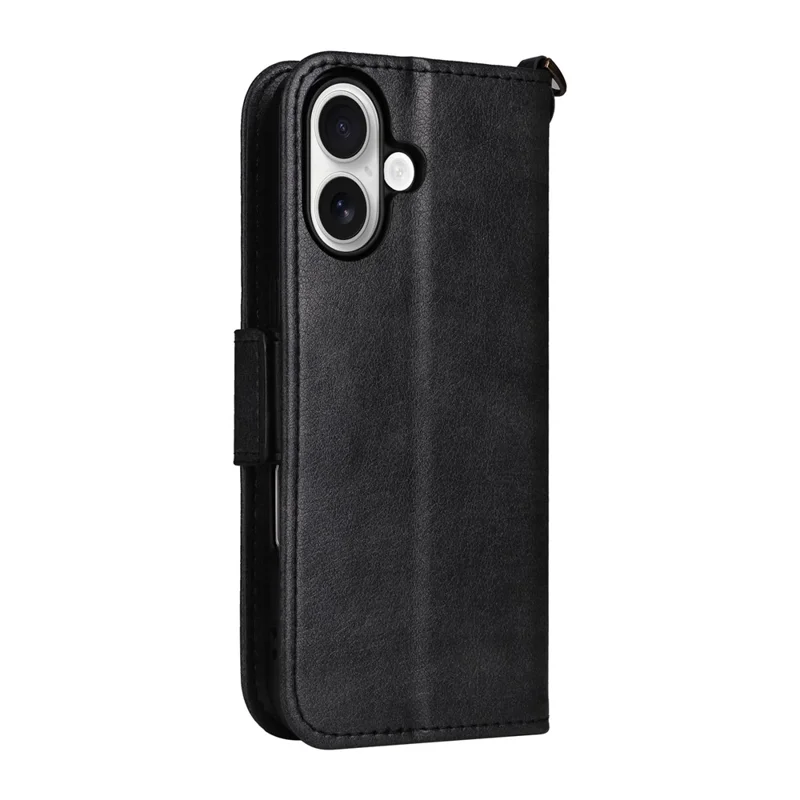 For iPhone 16 Plus Leather Case Magnetic Closure Wallet Stand Phone Cover with Crossbody Strap - Black-Cellmalls