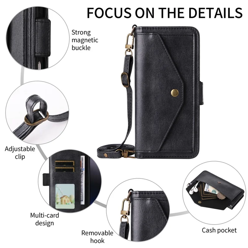 For iPhone 16 Plus Leather Case Magnetic Closure Wallet Stand Phone Cover with Crossbody Strap - Black-Cellmalls