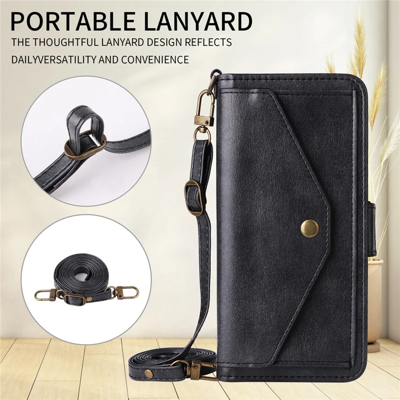 For iPhone 16 Plus Leather Case Magnetic Closure Wallet Stand Phone Cover with Crossbody Strap - Black-Cellmalls
