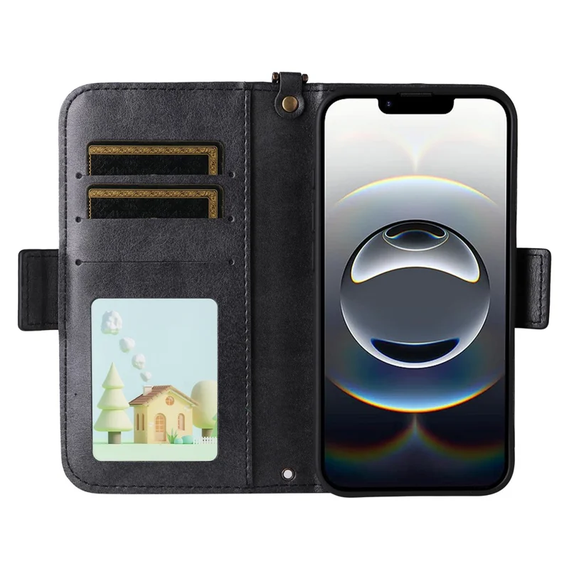 For iPhone 16e Leather Case Magnetic Closure Wallet Stand Phone Cover with Crossbody Strap - Black-Cellmalls