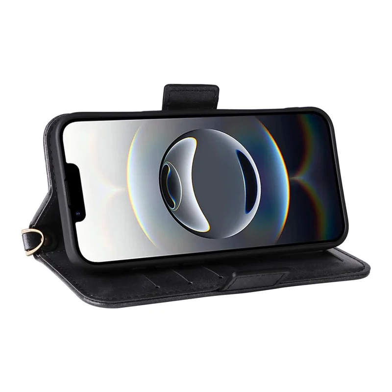 For iPhone 16e Leather Case Magnetic Closure Wallet Stand Phone Cover with Crossbody Strap - Black-Cellmalls