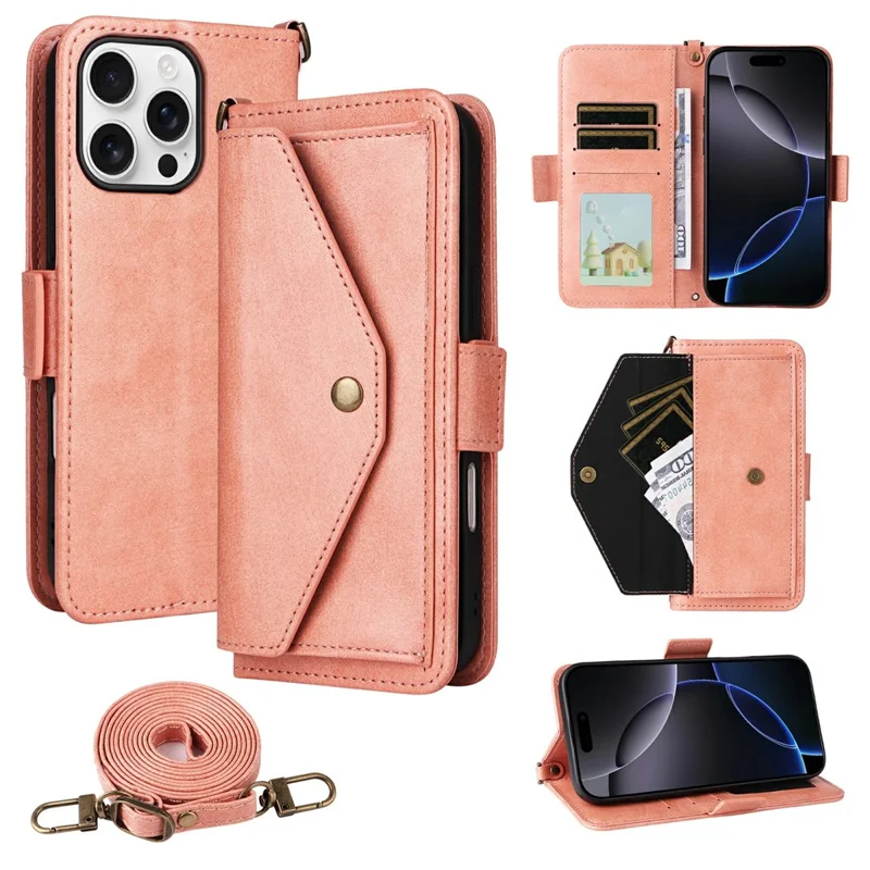 For iPhone 16 Pro Leather Case Magnetic Closure Wallet Stand Phone Cover with Crossbody Strap - Pink-Cellmalls