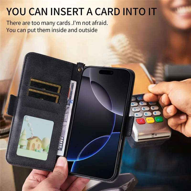 For iPhone 16e Leather Case Magnetic Closure Wallet Stand Phone Cover with Crossbody Strap - Black-Cellmalls