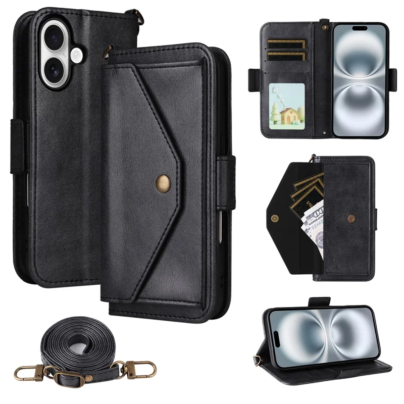 For iPhone 16 Plus Leather Case Magnetic Closure Wallet Stand Phone Cover with Crossbody Strap - Black-Cellmalls