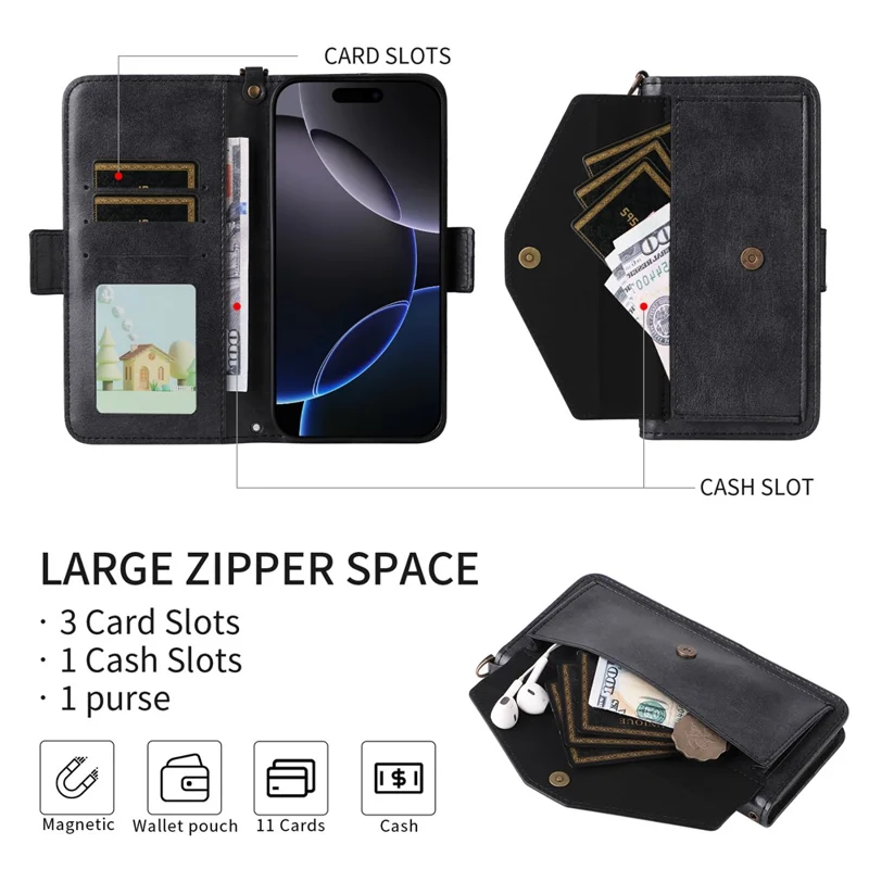 For iPhone 16e Leather Case Magnetic Closure Wallet Stand Phone Cover with Crossbody Strap - Black-Cellmalls