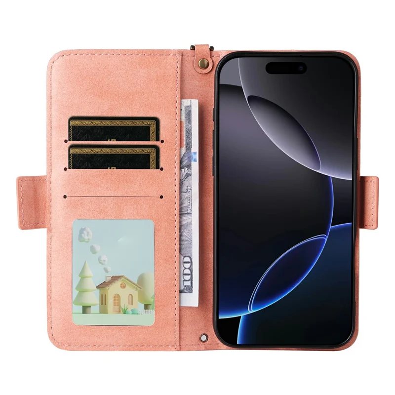 For iPhone 16 Pro Max Leather Case Magnetic Closure Wallet Stand Phone Cover with Crossbody Strap - Pink-Cellmalls