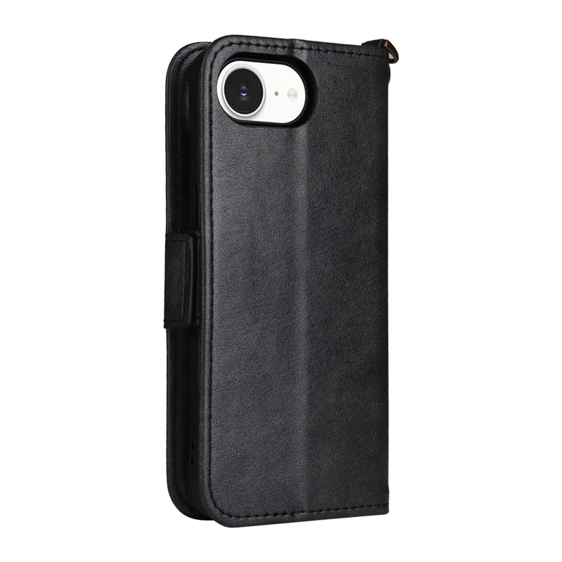 For iPhone 16e Leather Case Magnetic Closure Wallet Stand Phone Cover with Crossbody Strap - Black-Cellmalls