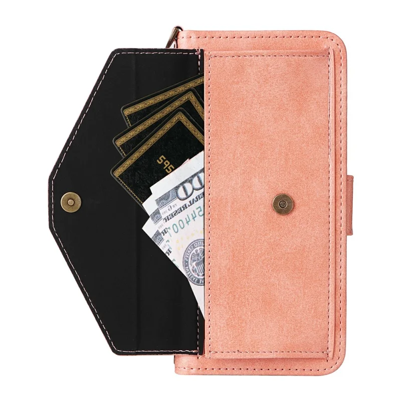 For iPhone 16 Pro Leather Case Magnetic Closure Wallet Stand Phone Cover with Crossbody Strap - Pink-Cellmalls