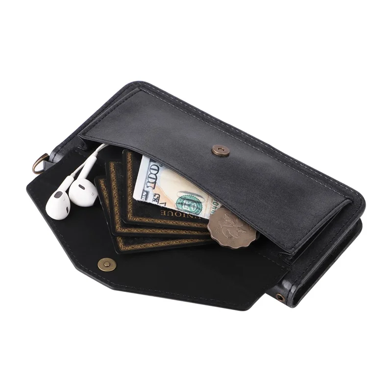 For iPhone 16e Leather Case Magnetic Closure Wallet Stand Phone Cover with Crossbody Strap - Black-Cellmalls