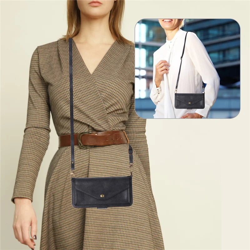 For iPhone 16e Leather Case Magnetic Closure Wallet Stand Phone Cover with Crossbody Strap - Black-Cellmalls