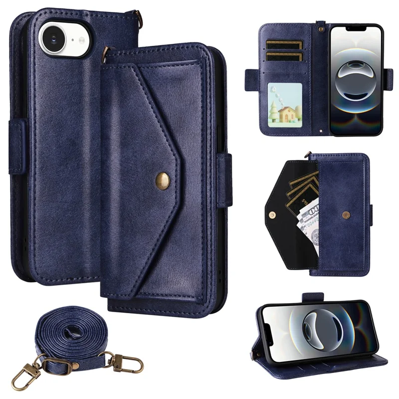 For iPhone 16e Leather Case Magnetic Closure Wallet Stand Phone Cover with Crossbody Strap - Black-Cellmalls
