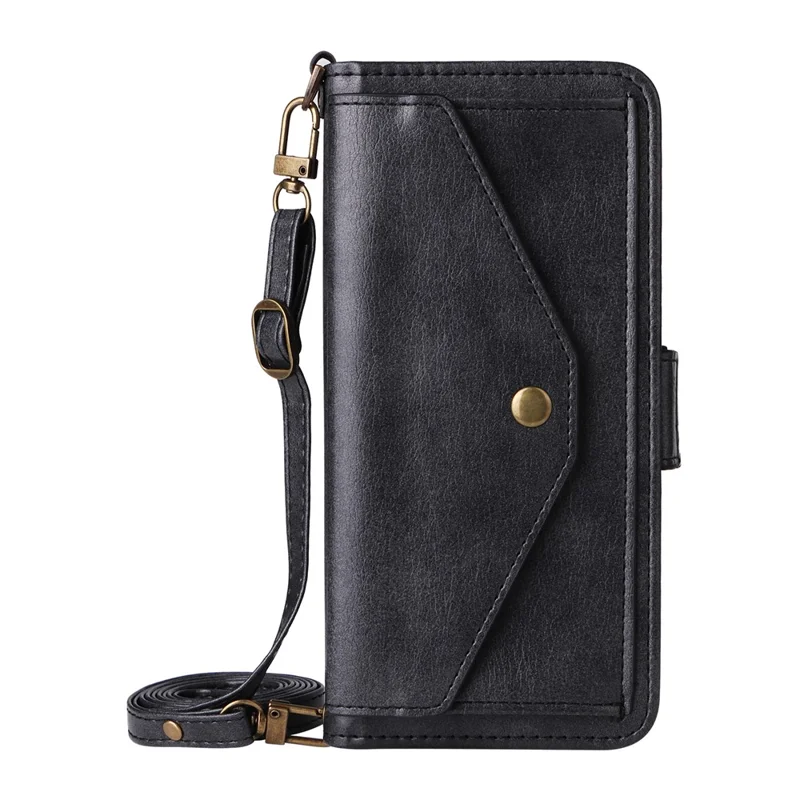 For iPhone 16e Leather Case Magnetic Closure Wallet Stand Phone Cover with Crossbody Strap - Black-Cellmalls