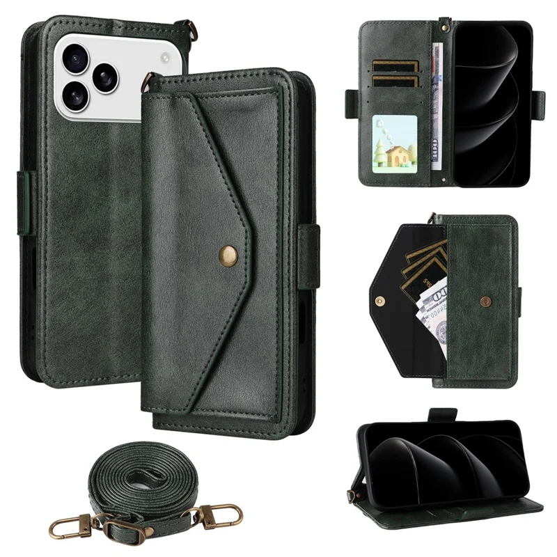 For iPhone 17 Pro Max Leather Case Magnetic Clasp Wallet Stand Phone Cover with Crossbody Strap - Green-Cellmalls