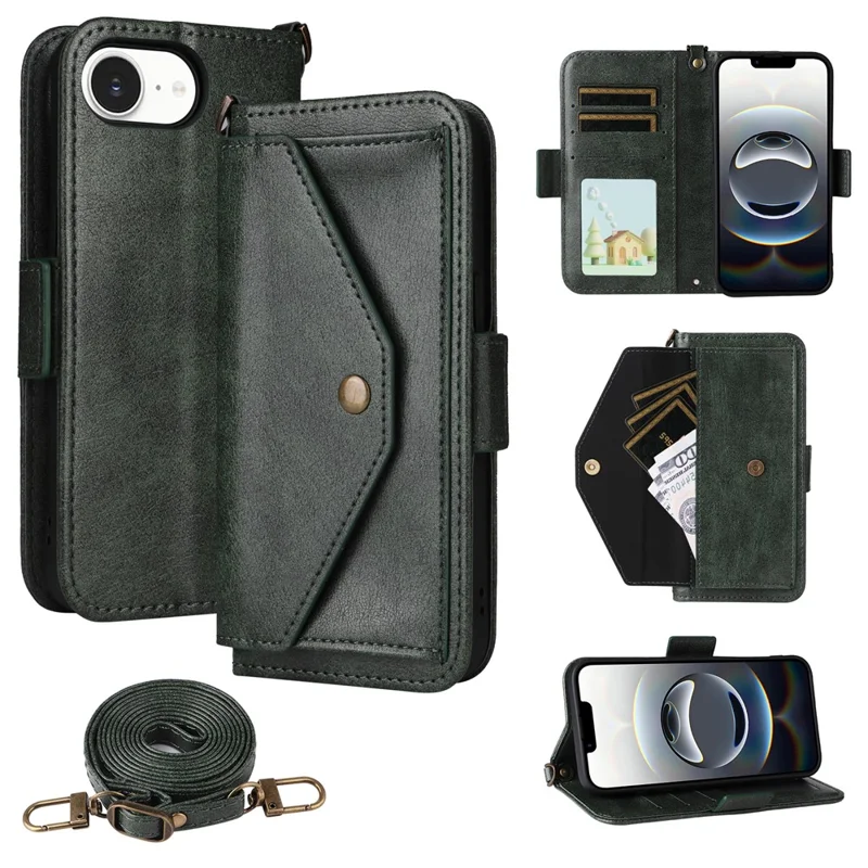 For iPhone 16e Leather Case Magnetic Closure Wallet Stand Phone Cover with Crossbody Strap - Black-Cellmalls