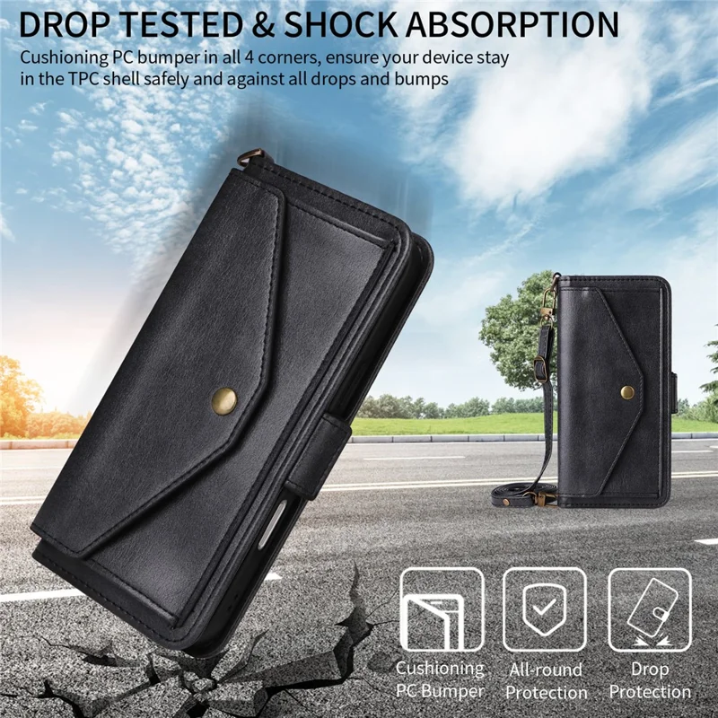 For iPhone 16e Leather Case Magnetic Closure Wallet Stand Phone Cover with Crossbody Strap - Black-Cellmalls