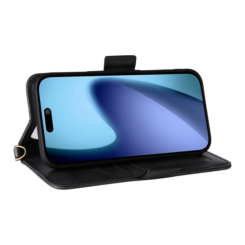 For iPhone 17 Air Leather Case Magnetic Closure Wallet Stand Phone Cover with Crossbody Strap - Black-Cellmalls