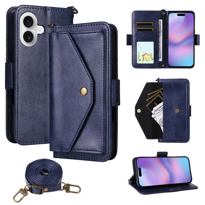 For iPhone 17 Leather Case Magnetic Closure Wallet Stand Phone Cover with Crossbody Strap - Blue-Cellmalls