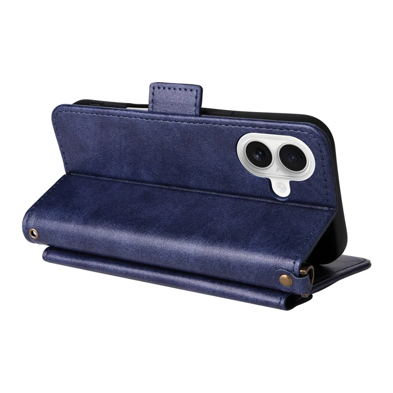 For iPhone 17 Leather Case Magnetic Closure Wallet Stand Phone Cover with Crossbody Strap - Blue-Cellmalls