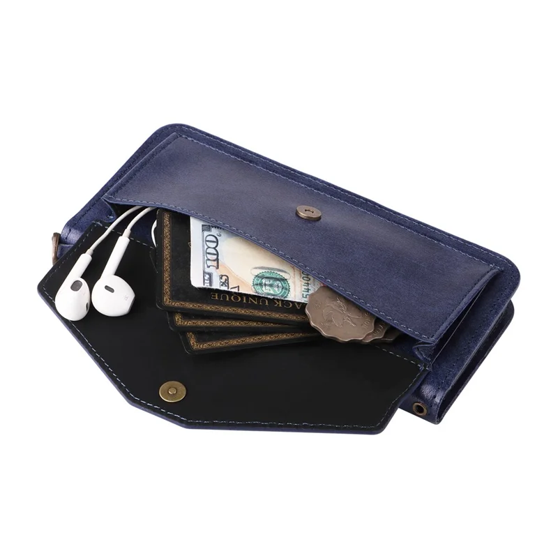 For iPhone 17 Leather Case Magnetic Closure Wallet Stand Phone Cover with Crossbody Strap - Blue-Cellmalls