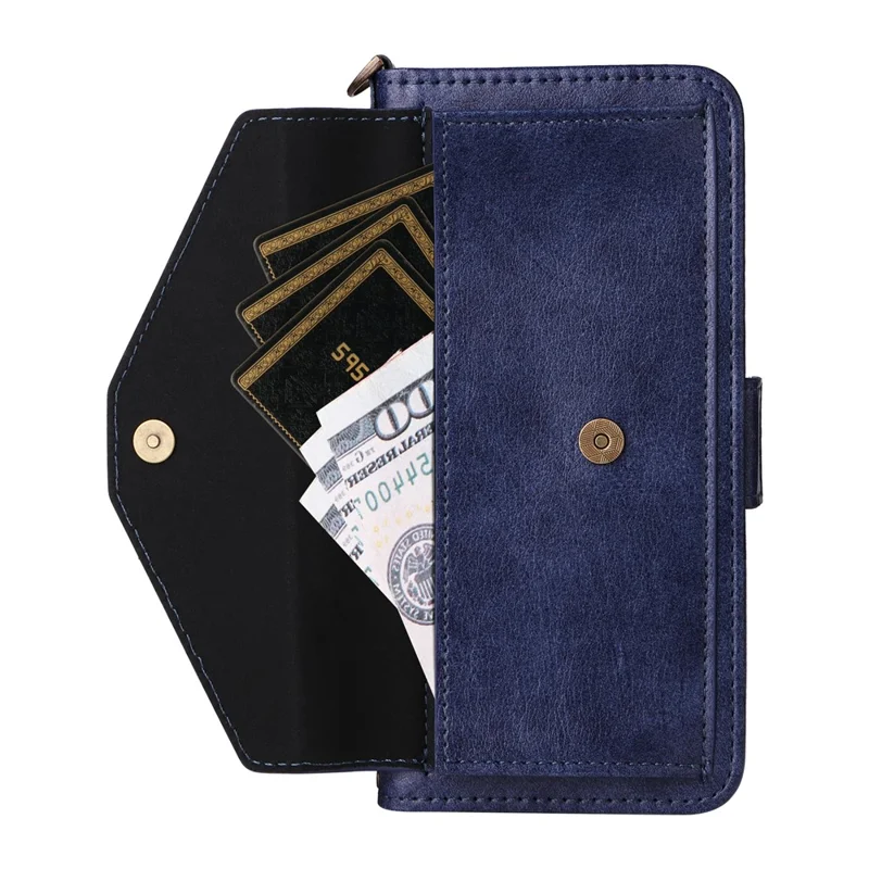 For iPhone 17 Leather Case Magnetic Closure Wallet Stand Phone Cover with Crossbody Strap - Blue-Cellmalls