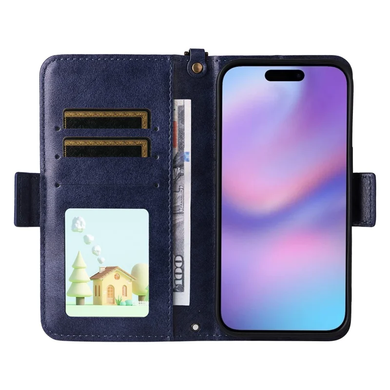 For iPhone 17 Leather Case Magnetic Closure Wallet Stand Phone Cover with Crossbody Strap - Blue-Cellmalls