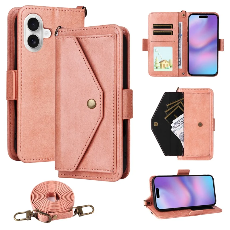 For iPhone 17 Leather Case Magnetic Closure Wallet Stand Phone Cover with Crossbody Strap - Blue-Cellmalls