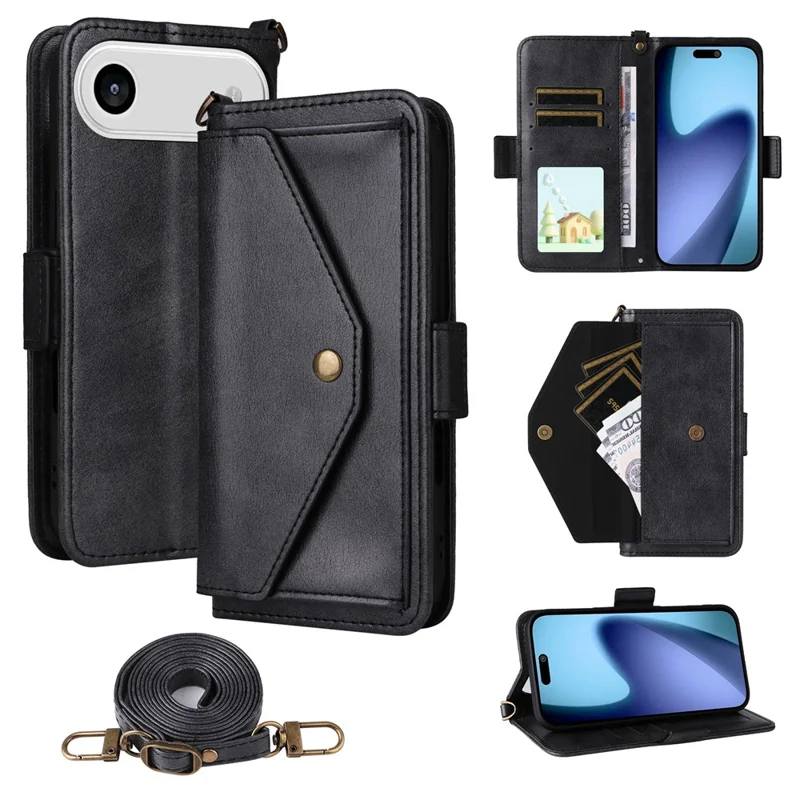 For iPhone 17 Air Leather Case Magnetic Closure Wallet Stand Phone Cover with Crossbody Strap - Black-Cellmalls