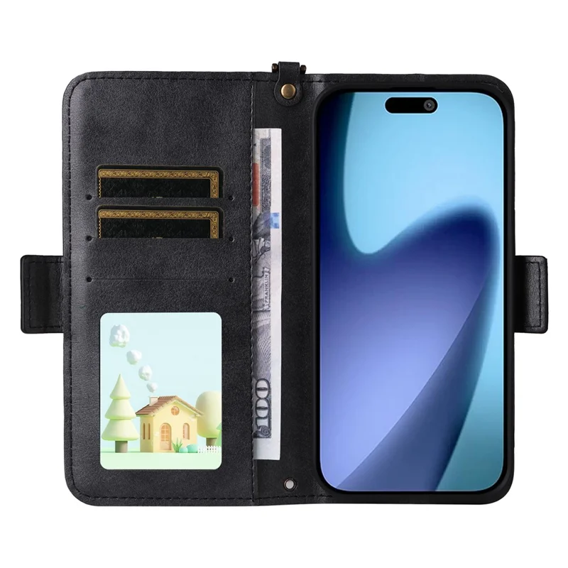 For iPhone 17 Air Leather Case Magnetic Closure Wallet Stand Phone Cover with Crossbody Strap - Black-Cellmalls