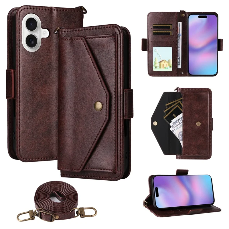 For iPhone 17 Leather Case Magnetic Closure Wallet Stand Phone Cover with Crossbody Strap - Blue-Cellmalls