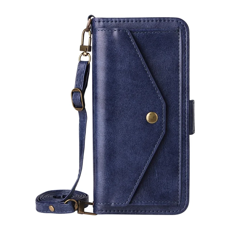 For iPhone 17 Leather Case Magnetic Closure Wallet Stand Phone Cover with Crossbody Strap - Blue-Cellmalls