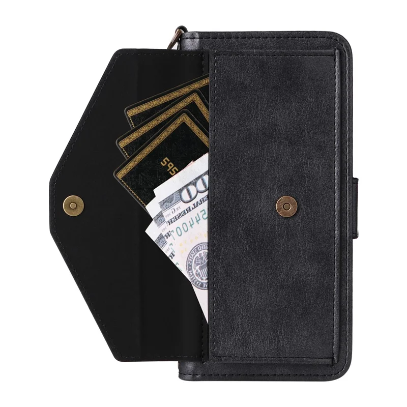 For iPhone 17 Pro Leather Case Magnetic Closure Wallet Stand Phone Cover with Crossbody Strap - Black-Cellmalls