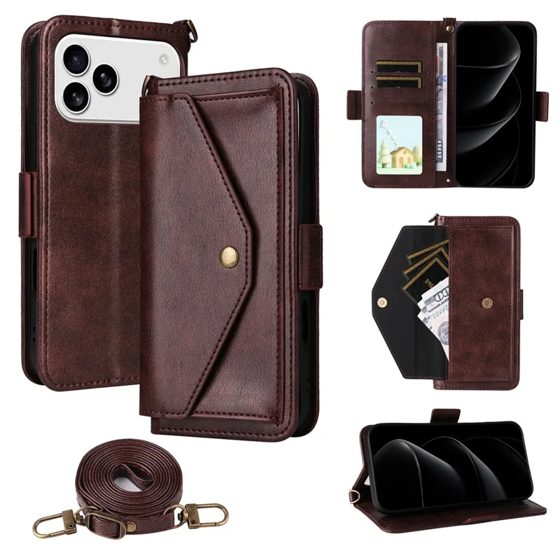 For iPhone 17 Pro Leather Case Magnetic Closure Wallet Stand Phone Cover with Crossbody Strap - Black-Cellmalls
