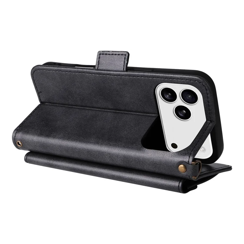 For iPhone 17 Pro Leather Case Magnetic Closure Wallet Stand Phone Cover with Crossbody Strap - Black-Cellmalls