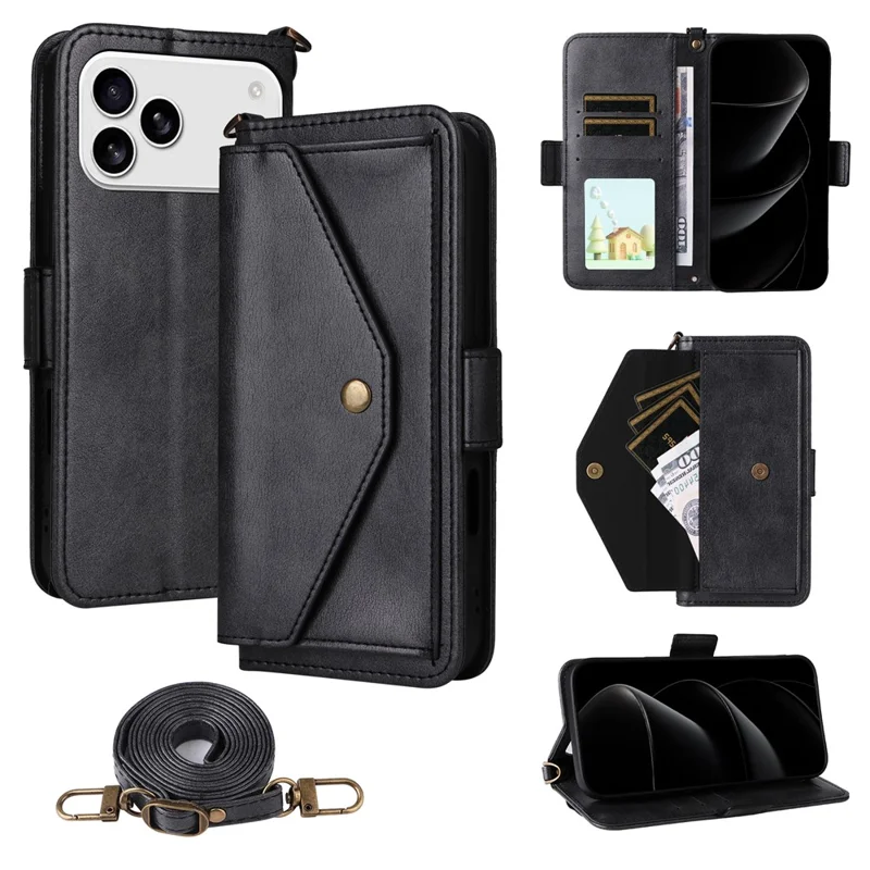 For iPhone 17 Pro Leather Case Magnetic Closure Wallet Stand Phone Cover with Crossbody Strap - Black-Cellmalls