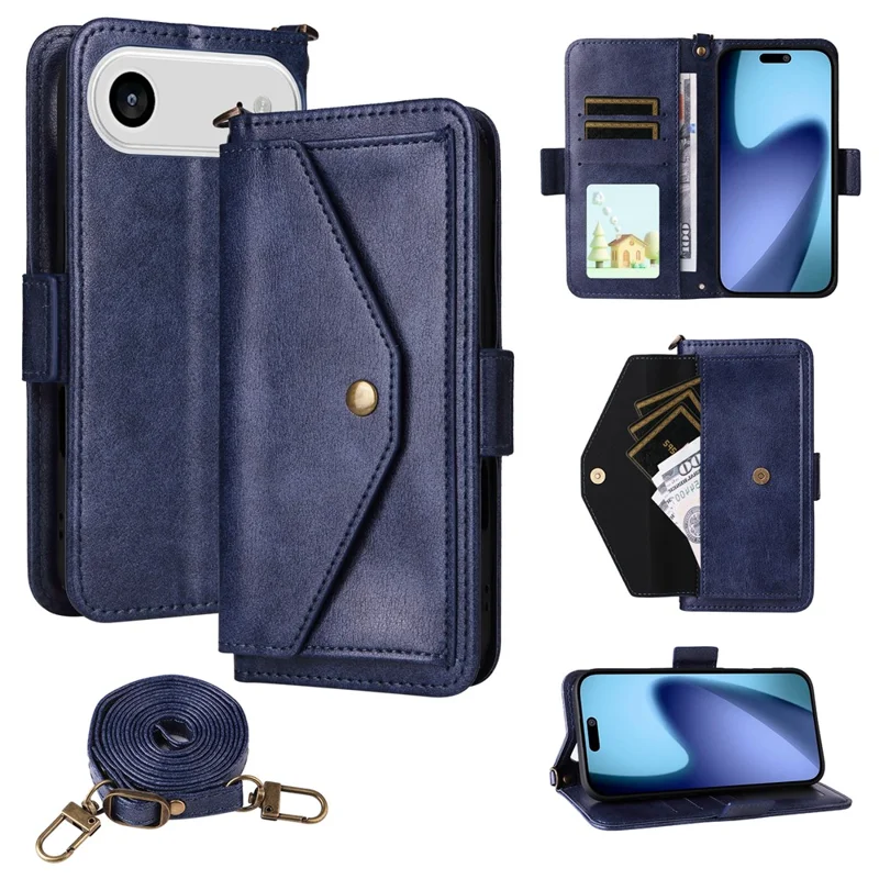 For iPhone 17 Air Leather Case Magnetic Closure Wallet Stand Phone Cover with Crossbody Strap - Black-Cellmalls