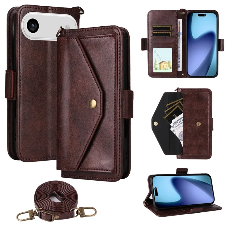 For iPhone 17 Air Leather Case Magnetic Closure Wallet Stand Phone Cover with Crossbody Strap - Black-Cellmalls