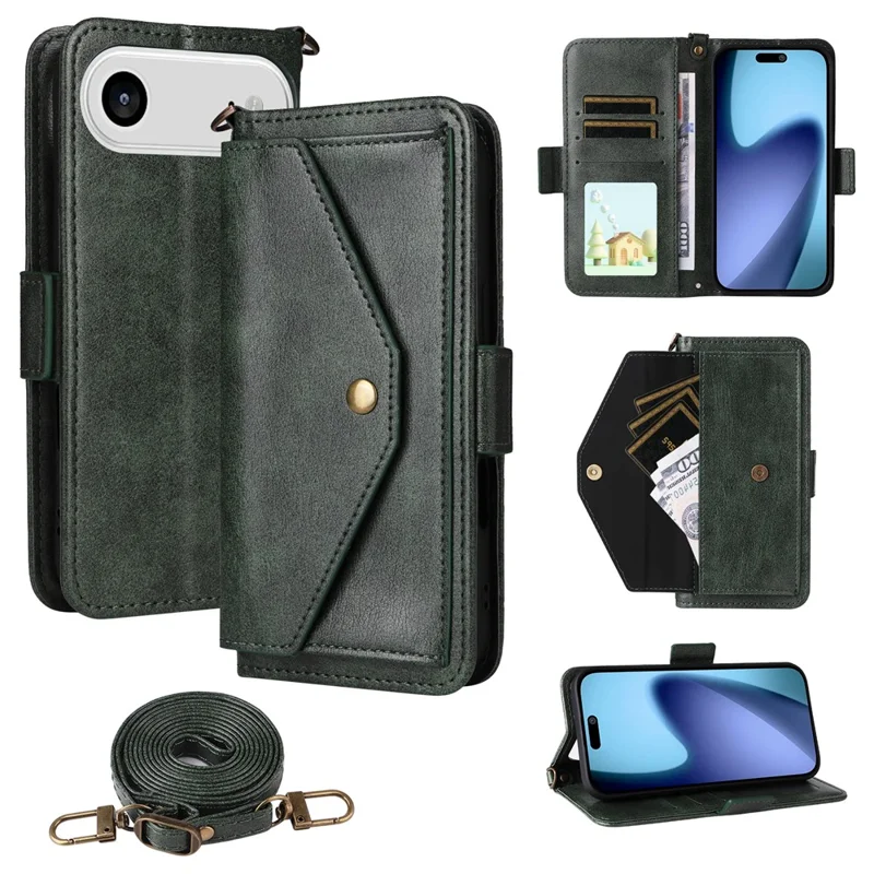 For iPhone 17 Air Leather Case Magnetic Closure Wallet Stand Phone Cover with Crossbody Strap - Black-Cellmalls