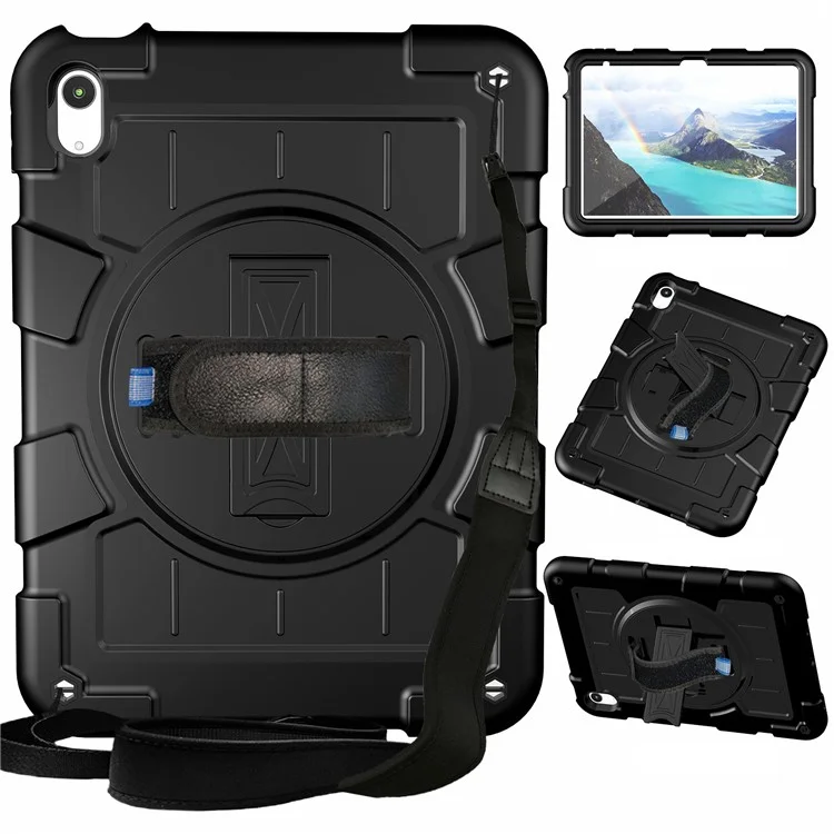 For iPad (2025) / 10.9 (2022) TPU+PC Tablet Case Rotating Hand Strap Kickstand Cover with Shoulder Strap - Black-Cellmalls
