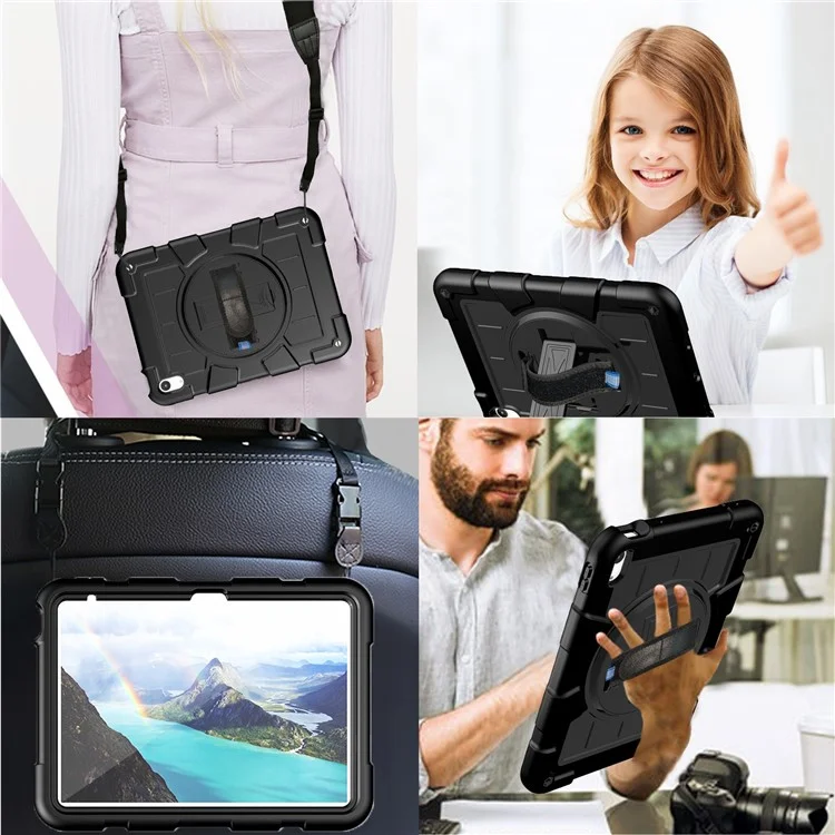 For iPad (2025) / 10.9 (2022) TPU+PC Tablet Case Rotating Hand Strap Kickstand Cover with Shoulder Strap - Black-Cellmalls