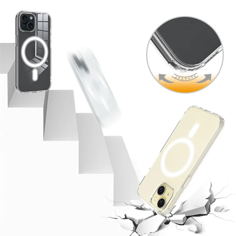 For iPhone 15 Plus Magnetic Ring Design Clear Phone Cover Case Acrylic+TPU Phone Shell Compatible with MagSafe-Cellmalls